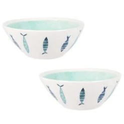 Maisons Du Monde Bols, Tasses Et Mugs Bol En Faïence Blanche Et Bleu Clair Imprimé Poissons - Lot De 2 -Bols, tasses et mugs Soldes Boutique bol en faience blanche et vert clair imprime poissons lacanau 1000 11 32 205524 4 1