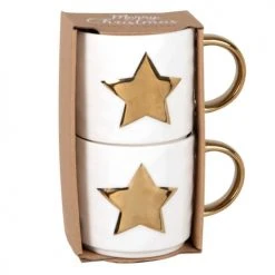 Maisons Du Monde Vaisselle De Noël Coffret 2 Tasses En Porcelaine Motif étoile Blanc Et Doré
