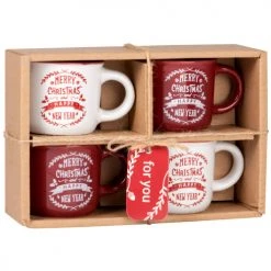 Maisons Du Monde Vaisselle De Noël Coffret 4 Tasses En Grès Blanc Et Rouge