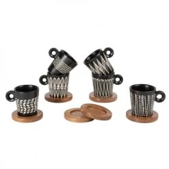 Maisons Du Monde Bols, Tasses Et Mugs Coffret 6 Tasses En Grès Imprimé Et Soucoupes En Bambou -Bols, tasses et mugs Soldes Boutique coffret 6 tasses en gres imprime et soucoupes en bambou 1000 8 28 208513 3