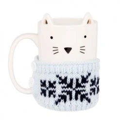 Maisons Du Monde Vaisselle De Noël Mug Chat En Faïence Blanche Pull En Laine Bleu Gris - Lot De 2
