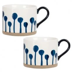 Maisons Du Monde Bols, Tasses Et Mugs Mug En Faïence Blanche Imprimé Tiges Bleues - Lot De 2