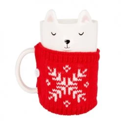 Maisons Du Monde Vaisselle De Noël Mug Ours En Faïence Blanche Et Pull En Laine Rouge - Lot De 2