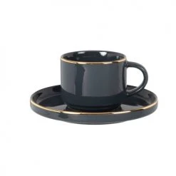 Maisons Du Monde Bols, Tasses Et Mugs Tasse à Café Et Soucoupe En Porcelaine Grise Et Dorée - Lot De 2