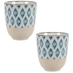 Maisons Du Monde Bols, Tasses Et Mugs Tasse En Faïence Beige Motifs Losanges Bleus - Lot De 2
