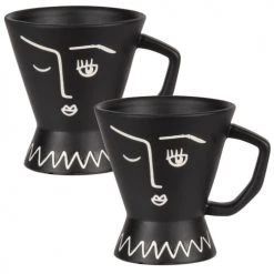 Maisons Du Monde Bols, Tasses Et Mugs Tasse En Porcelaine Noir Mat Imprimé Blanc - Lot De 2