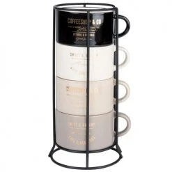 Maisons Du Monde Bols, Tasses Et Mugs Tasses En Faïence Noire, Crème Et Beige (x4) Et Support En Métal