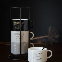 Maisons Du Monde Bols, Tasses Et Mugs Tasses En Faïence Noire, Crème Et Beige (x4) Et Support En Métal -Bols, tasses et mugs Soldes Boutique tasses en faience noire creme et beige x4 et support en metal 1000 6 38 207457 3