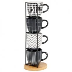 Maisons Du Monde Bols, Tasses Et Mugs Tasses En Grès Noir Et Blanc Motifs Graphiques (x4) Support En Métal Noir