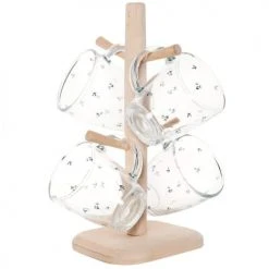 Maisons Du Monde Bols, Tasses Et Mugs Tasses En Verre Transparent Motifs Bleu Gris Et Support Arbre En Bois De HĂŞtre